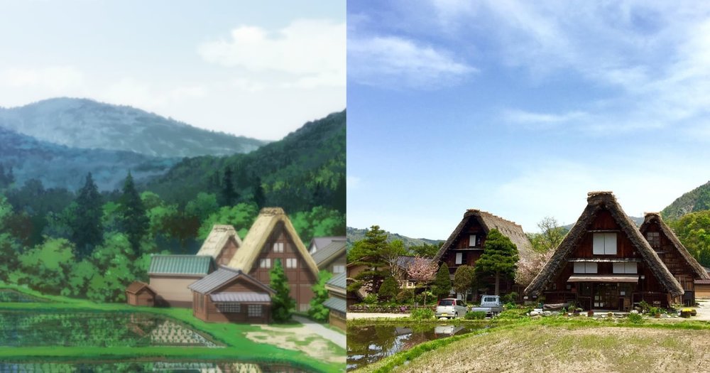 Shirakawa-go Rice Paddies and Houses in Higurashi and Real Life