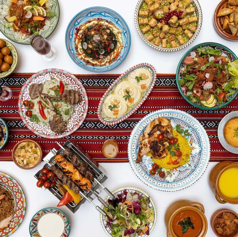 Different dishes flatlay in the table