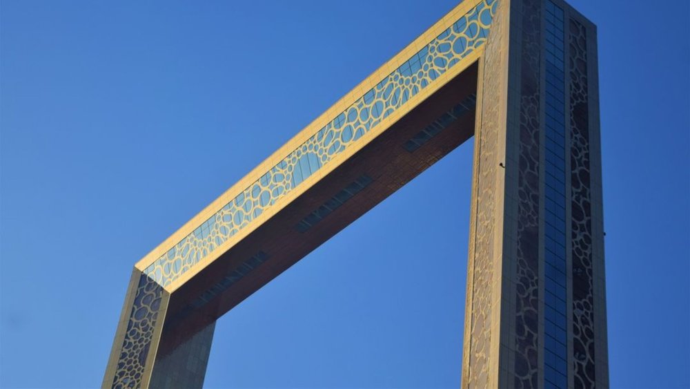 Gold-colored stainless steel covers Dubai Frame. Credits: @kushal_mankani18