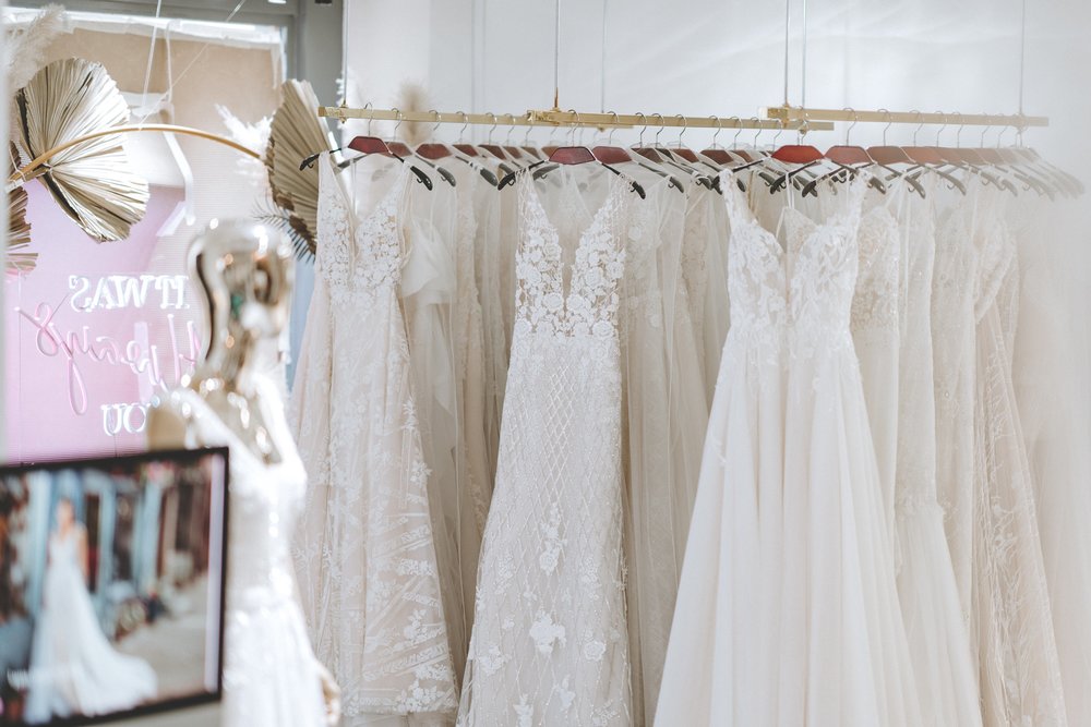 Wedding gowns in display in the rack