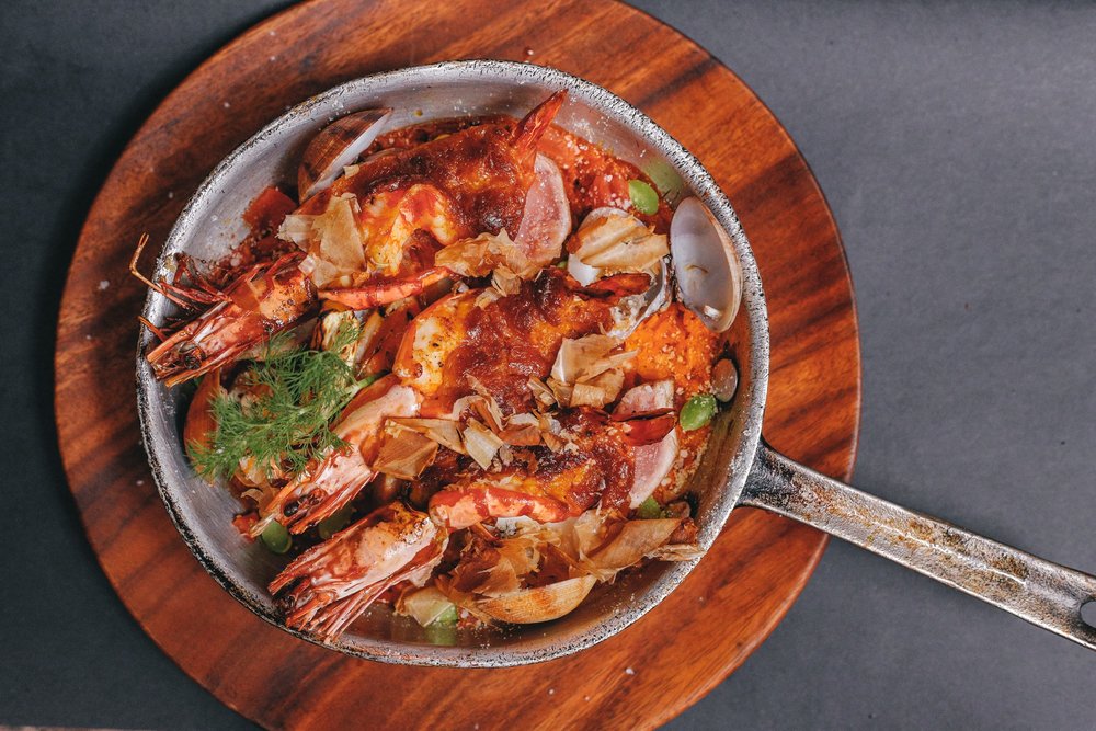 Grilled Tiger Prawns with Fat Crab Paella