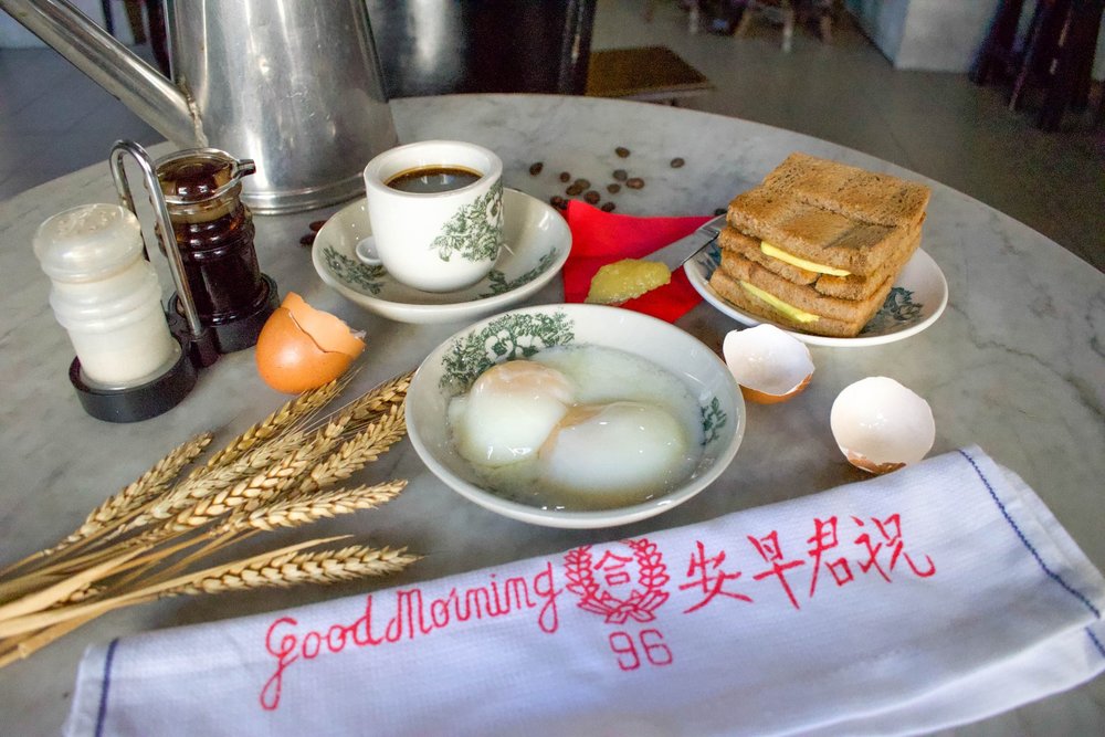 soft boiled eggs, kopi, and toast at alibabar in east coast singapore