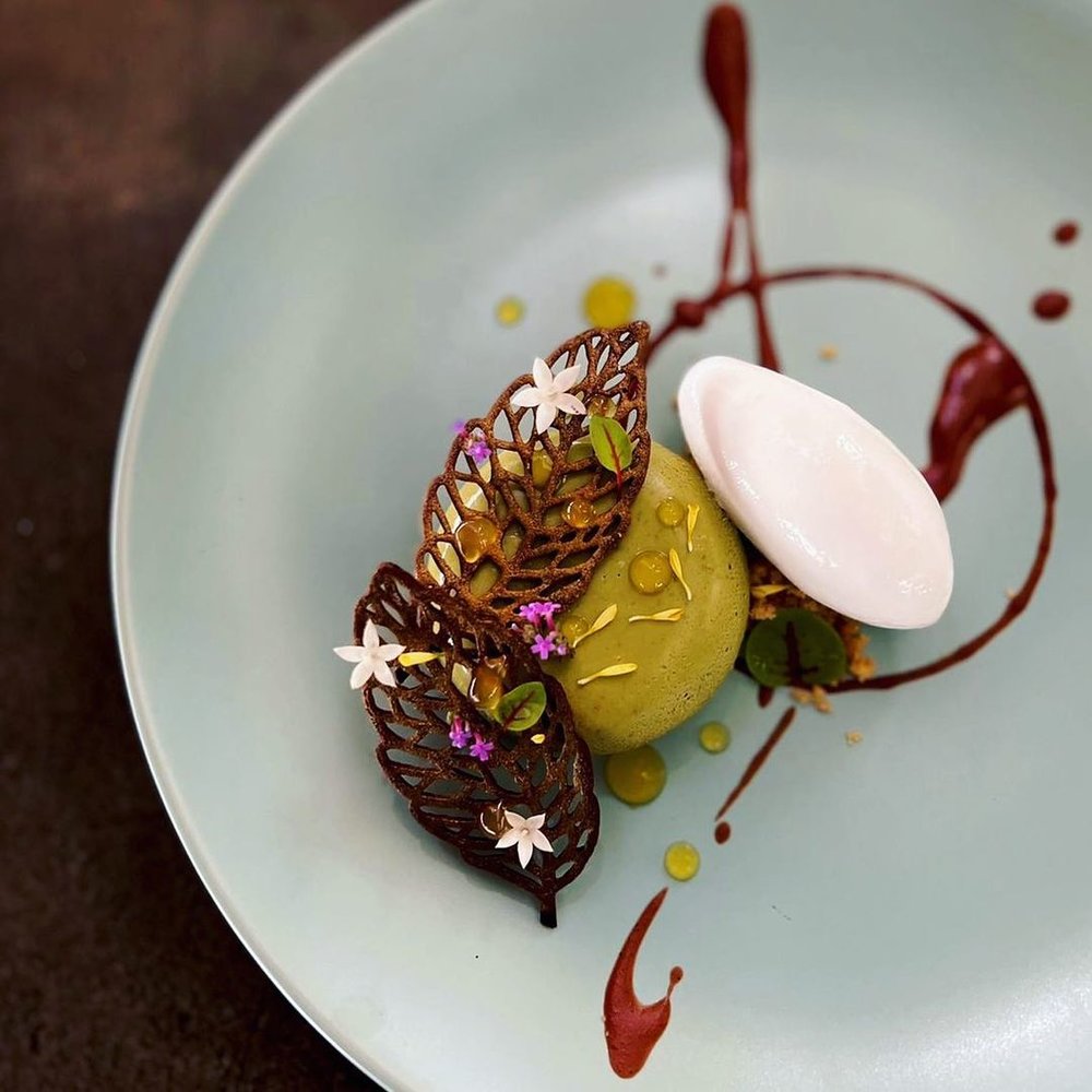 a mixture of Matcha Mousse, Lemon Sponge, Chestnut Cream, Coconut Lime Sorbet at 2am dessert bar singapore