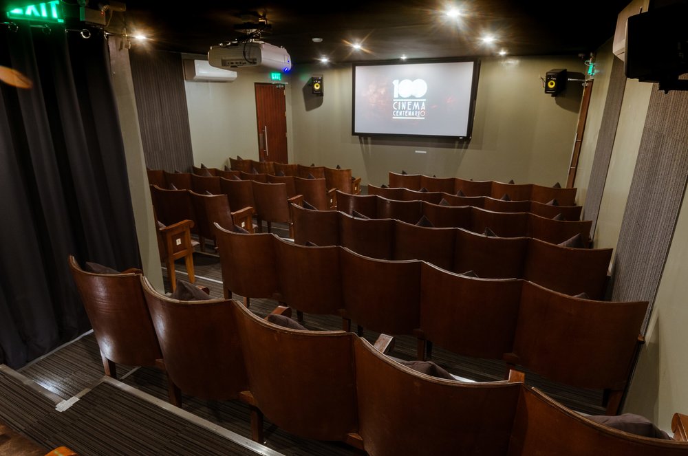Inside a mini cinema