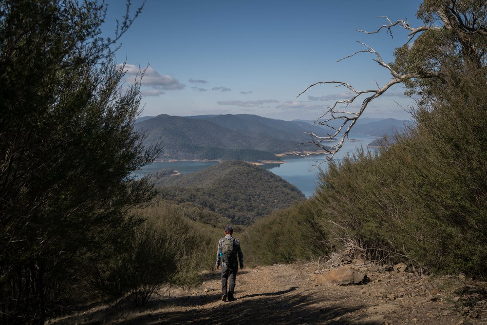 a male hiker at lake eildon national park
