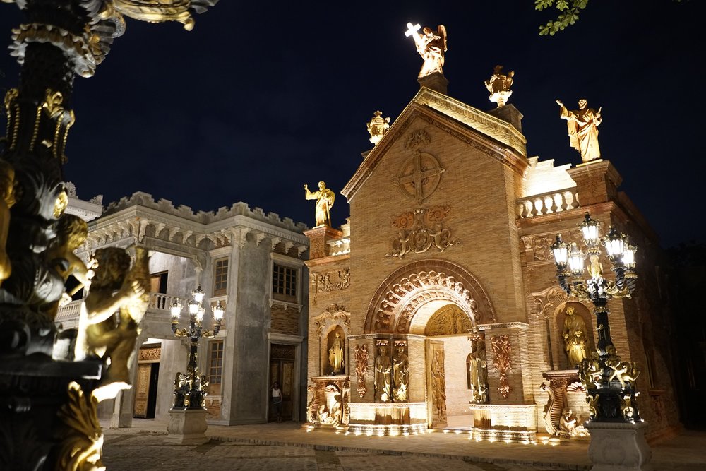 Church facade at night