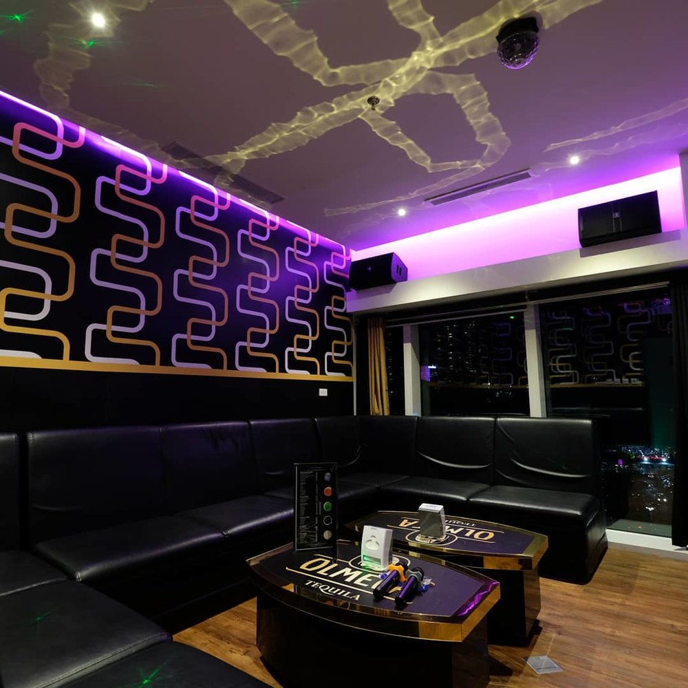 Karaoke room with violet led lights