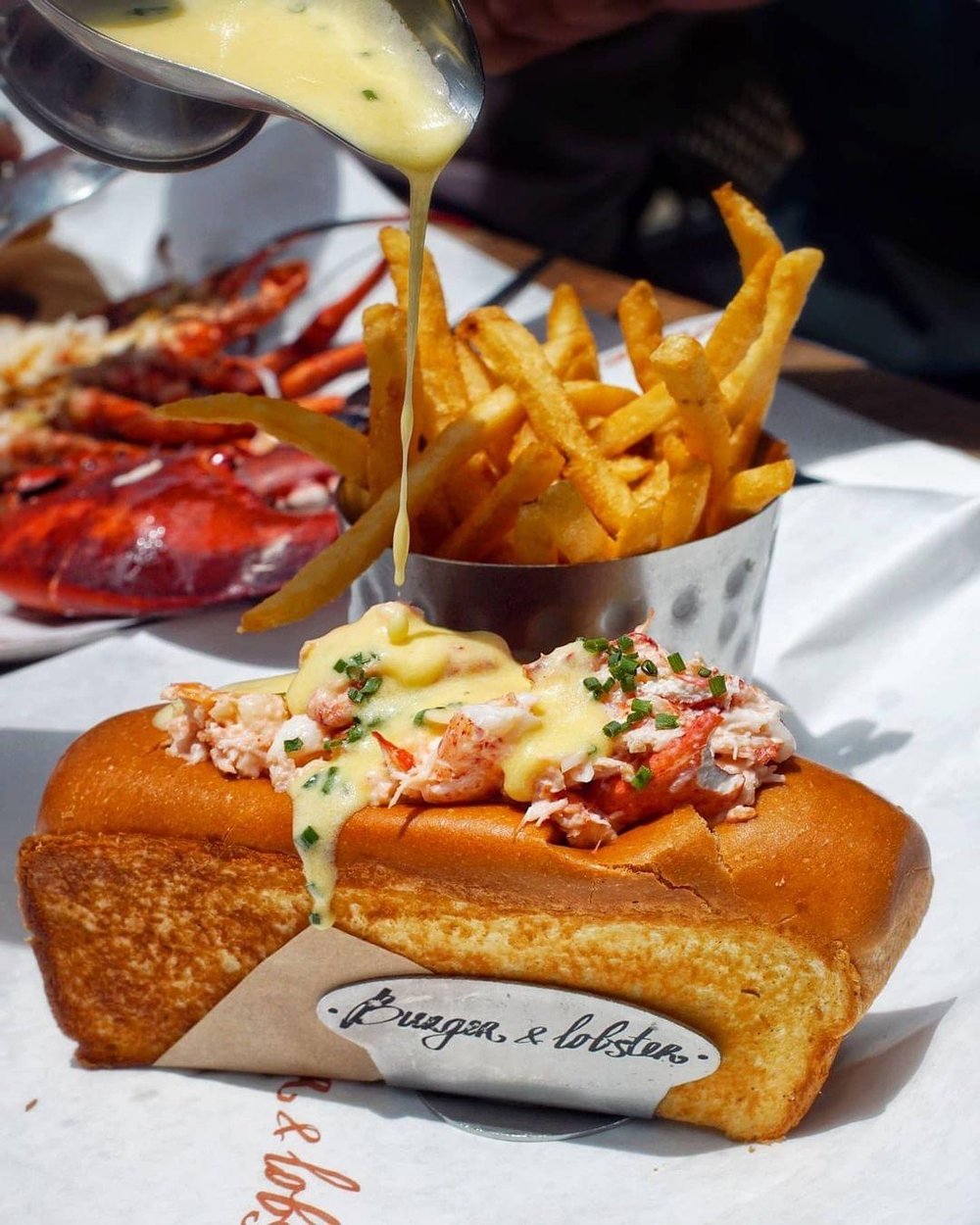 Loaf of bread with lobster toppings