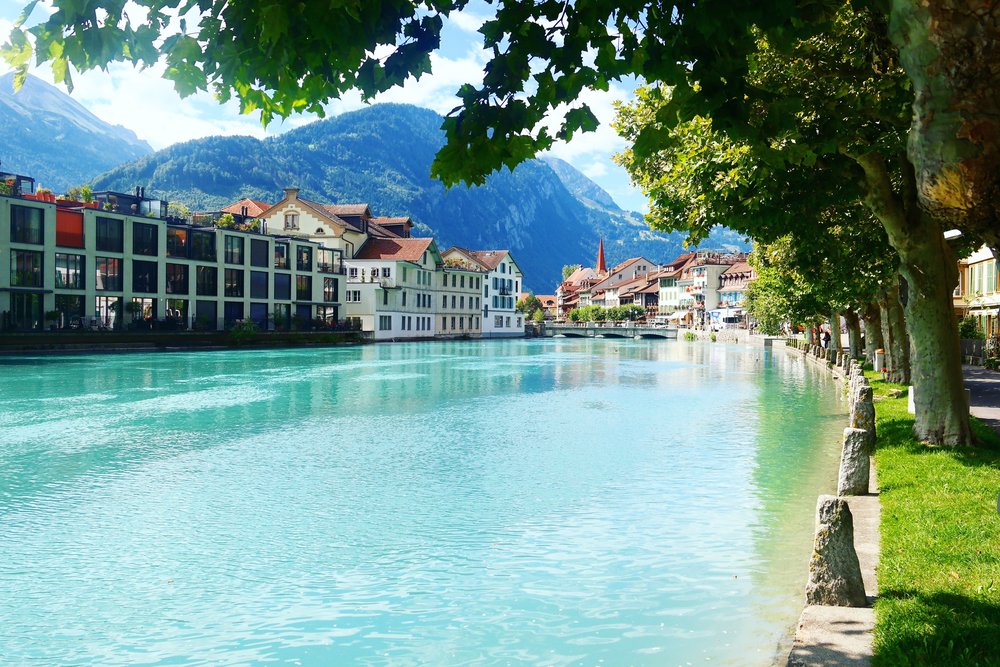 View of a lake and houses in Interlaken