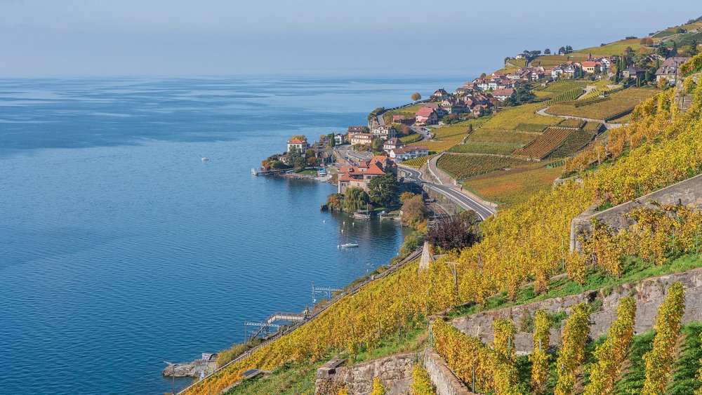 View of the mountains and houses by the sea in Vaud