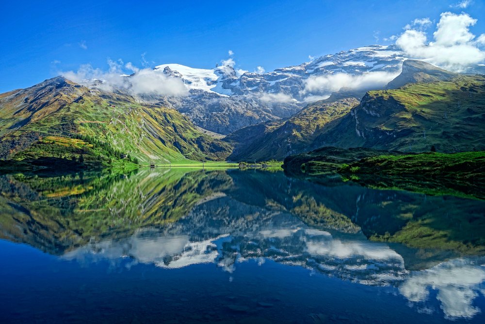 a view of an alpine lake in Switzerland