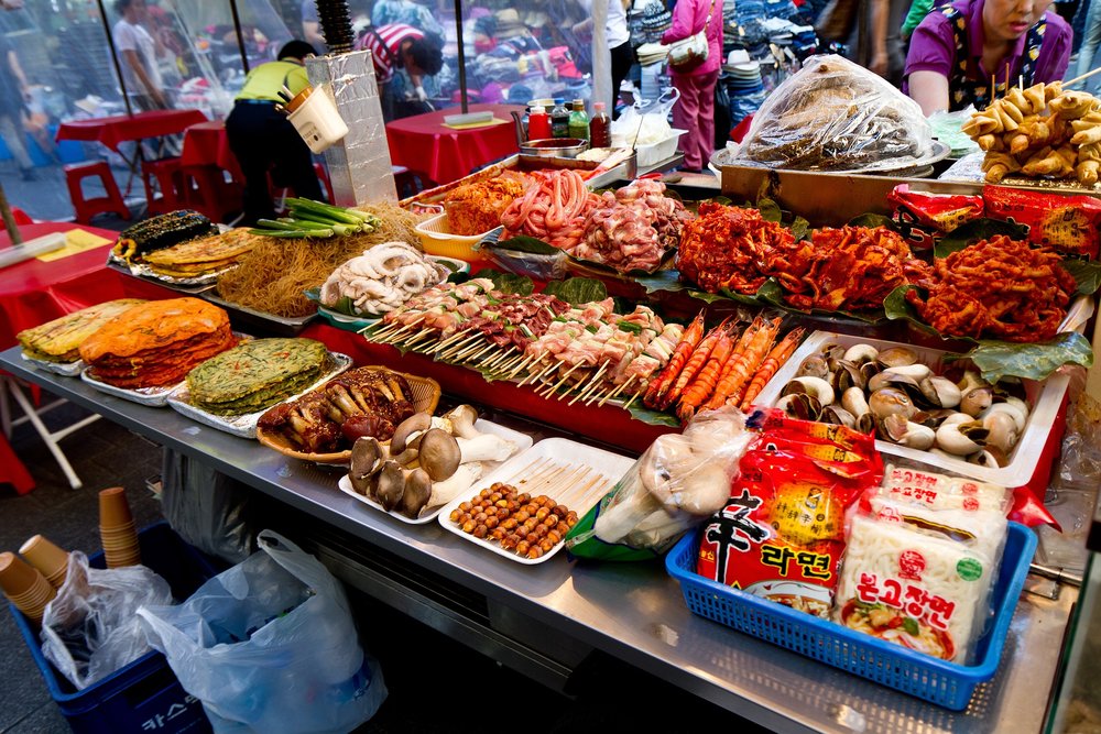 Different street food options on display in a stall on Namdaemun