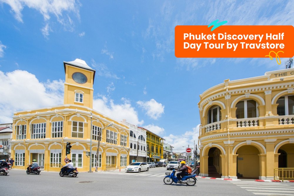 a view of yellow buildings in Phuket's town area