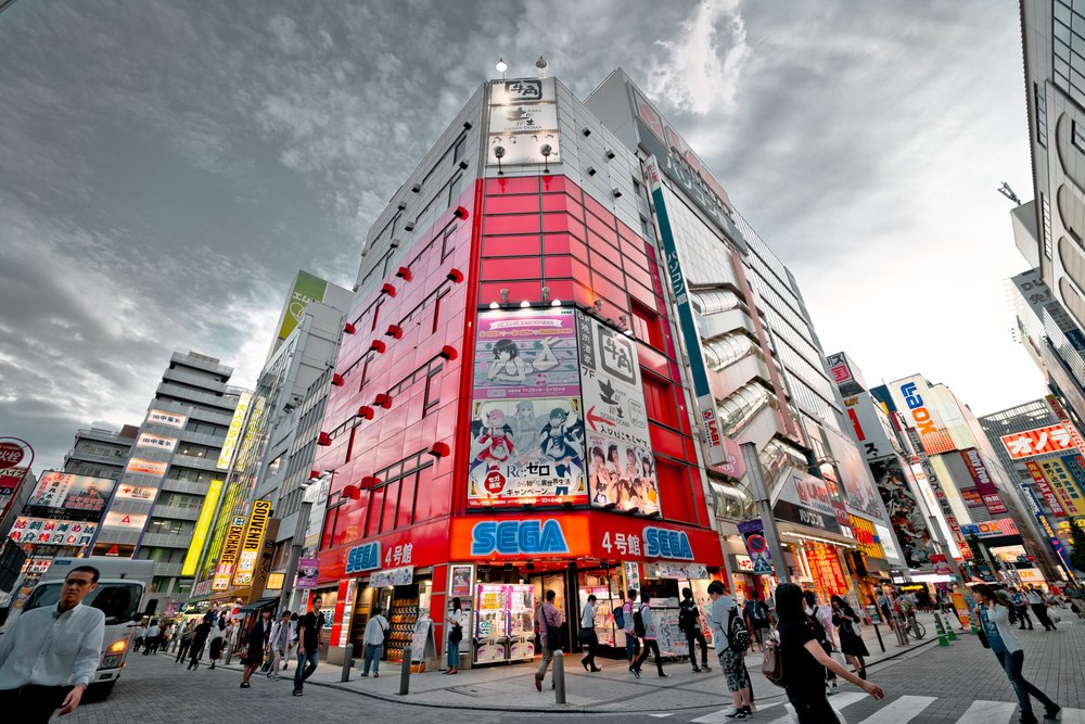 a view of the SEGA building in Akihabara