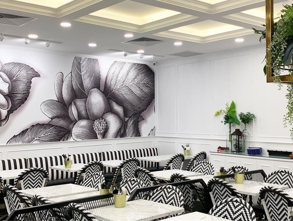 Restaurant with black and white interior