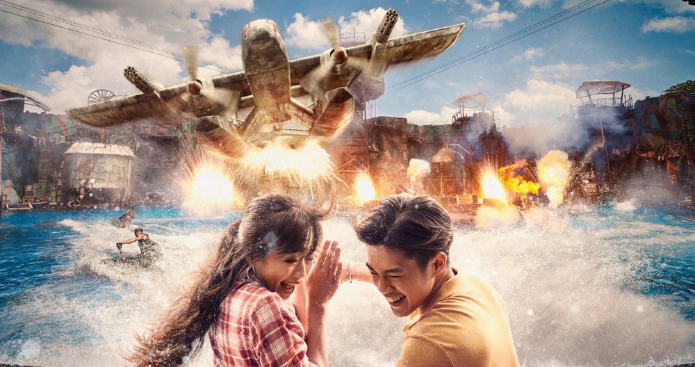 Couple along with helicopters in the pool