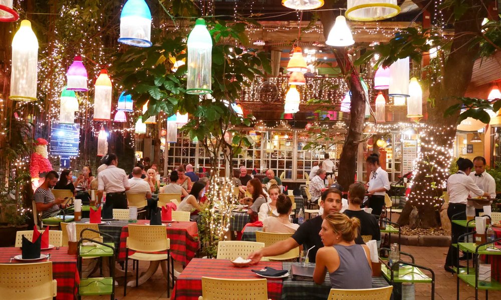 Restaurant with condom lights display