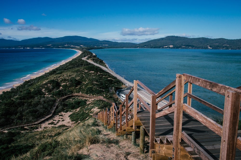Wooden stairs and an overview of the island