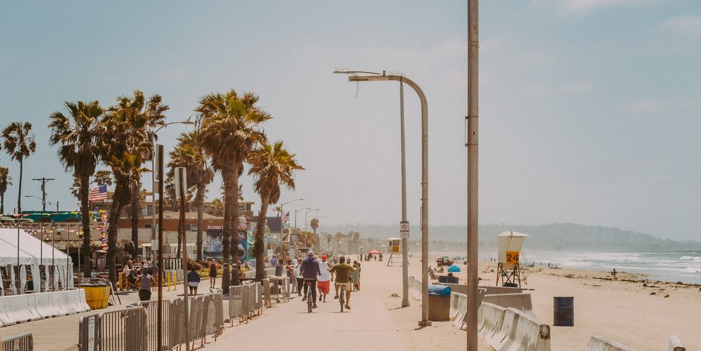 People walking and biking by the beach
