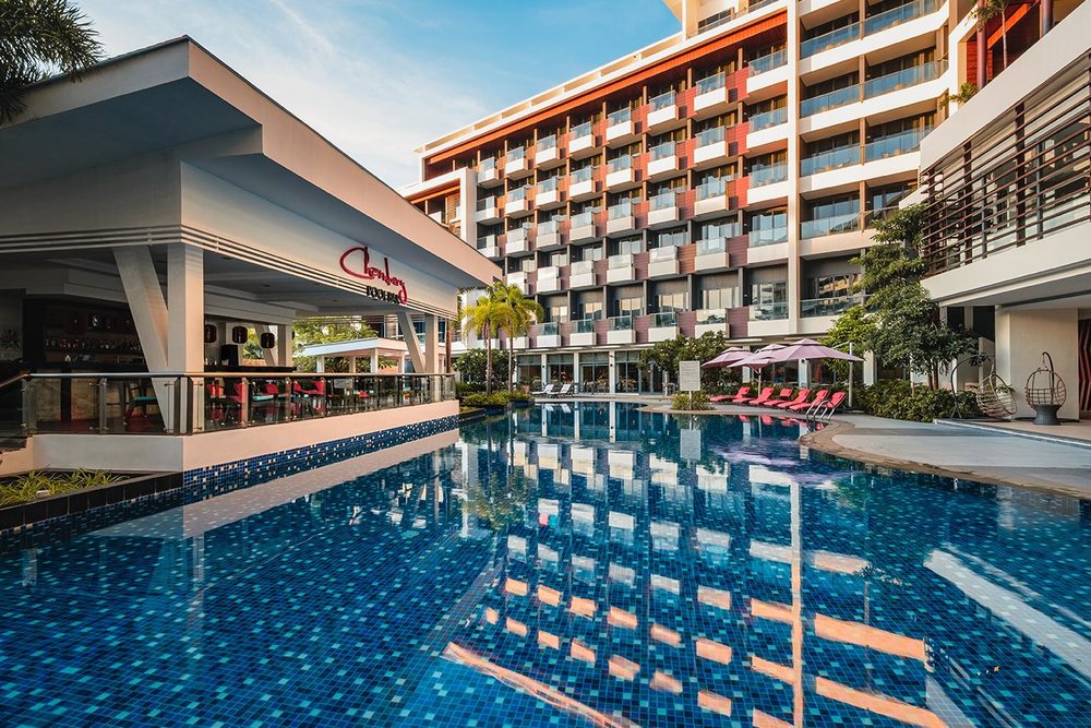 Pool surrounded by buildings