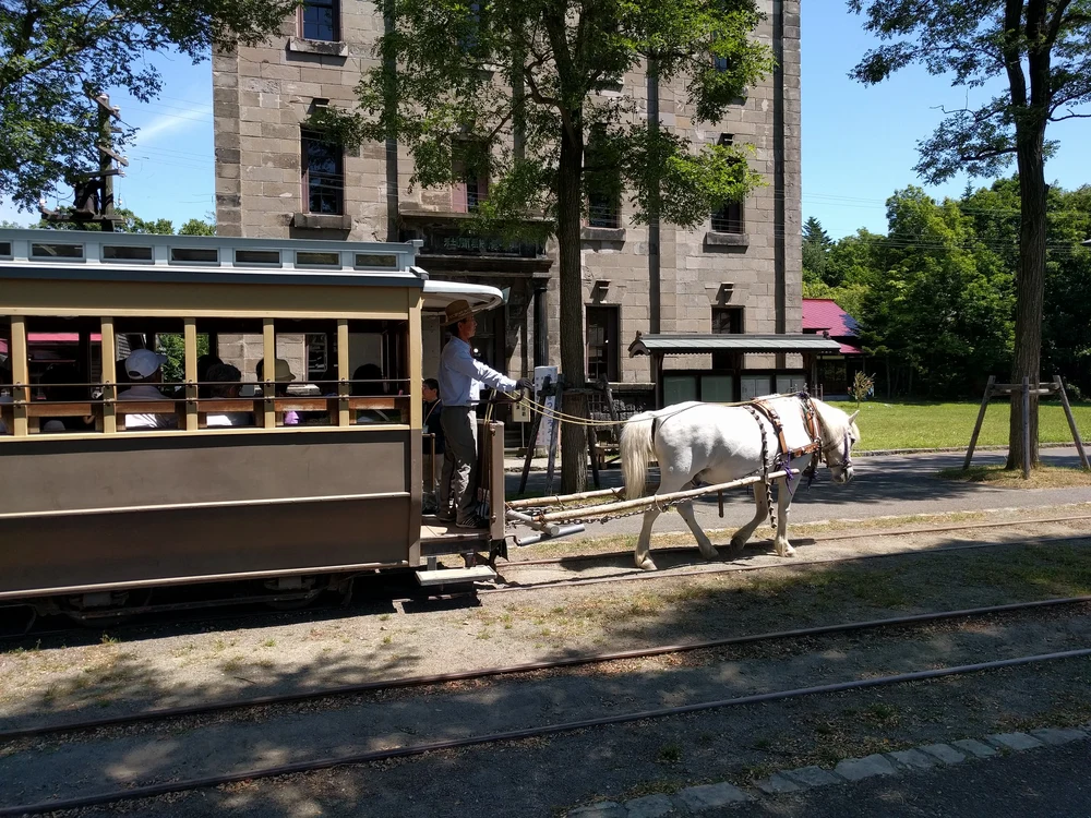 A train pulled by a man and a white horse