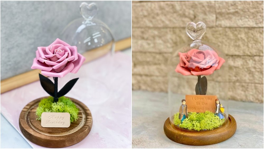 皮玫瑰DIY除了玫瑰可自選顏色外，亦能配以其他自選裝飾小物。