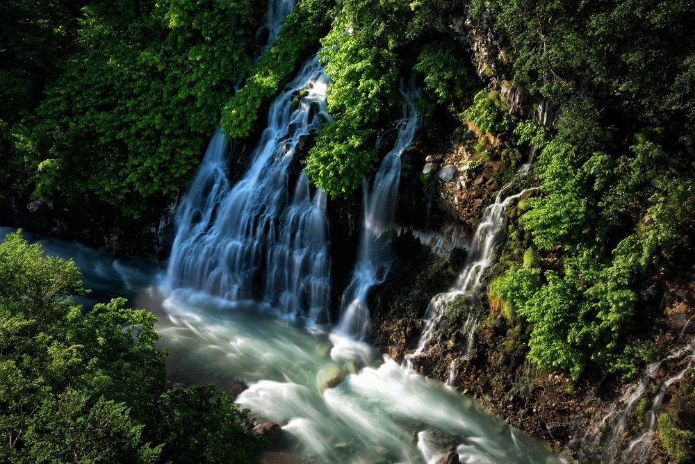 Shirahige Waterfall surrounded by rock formations and plants