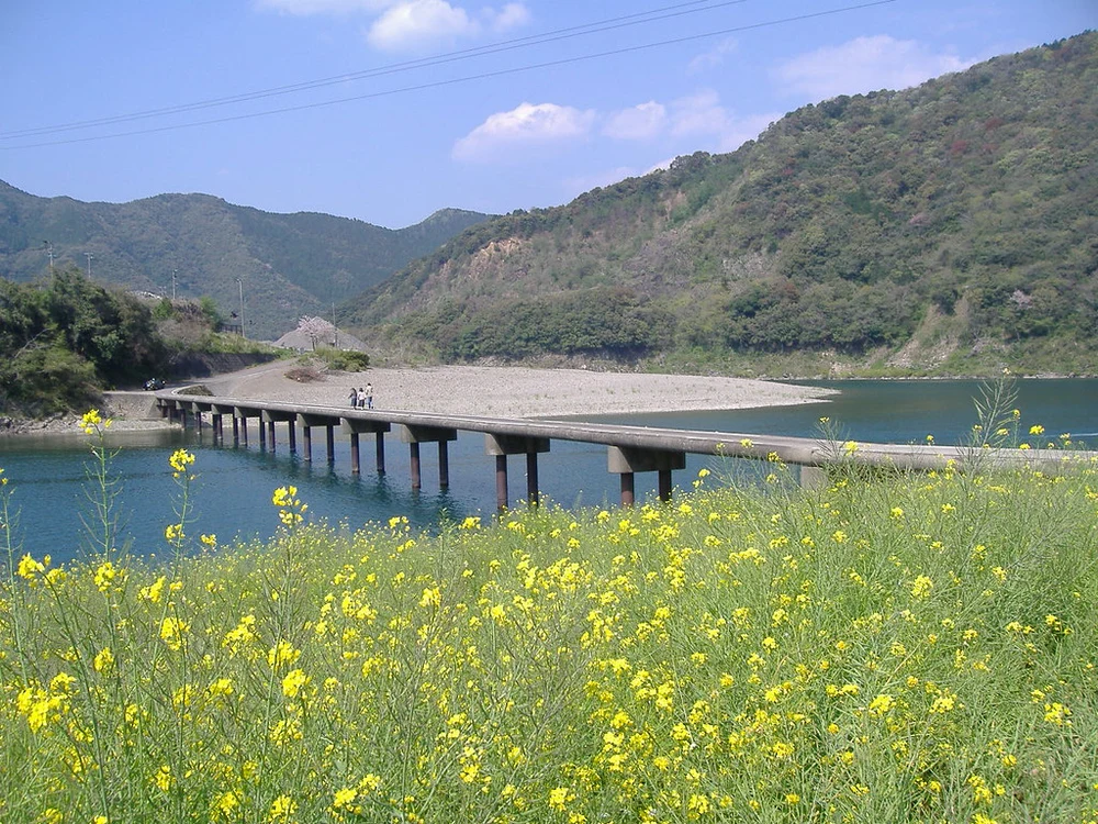 a view of the Shimanto River and people crossing a bridge
