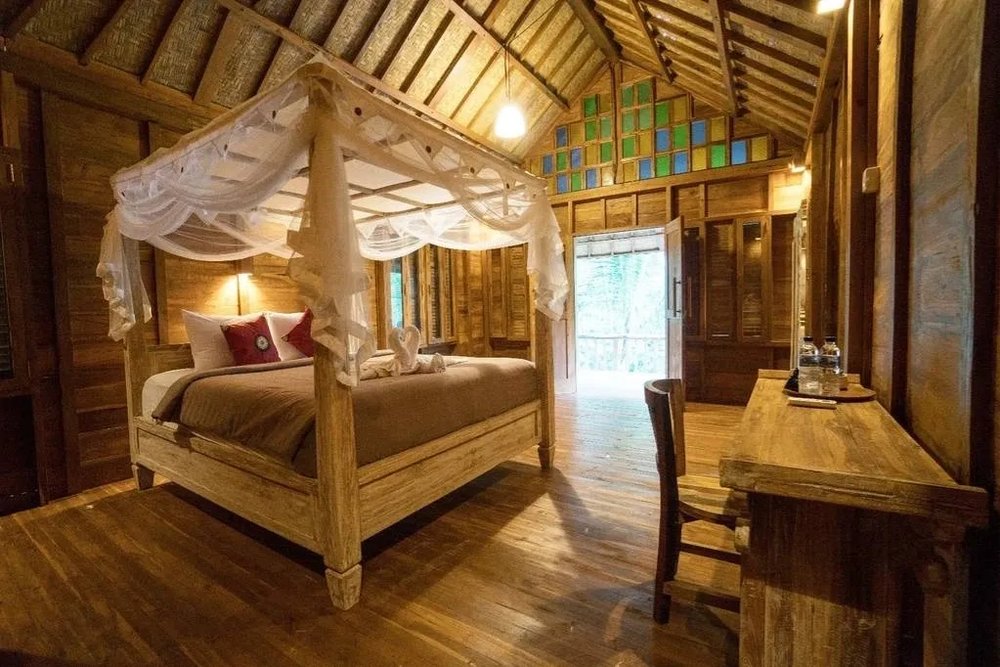 Wooden house with lights