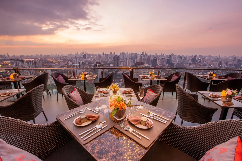 Dining area with a view of Bangkok skyline