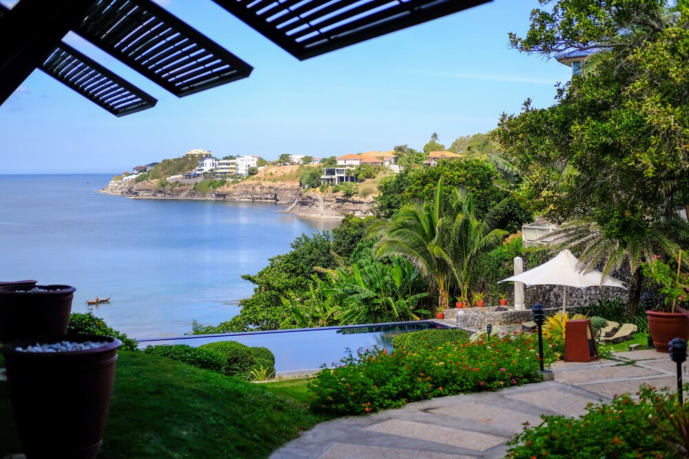 Pool and beach with trees