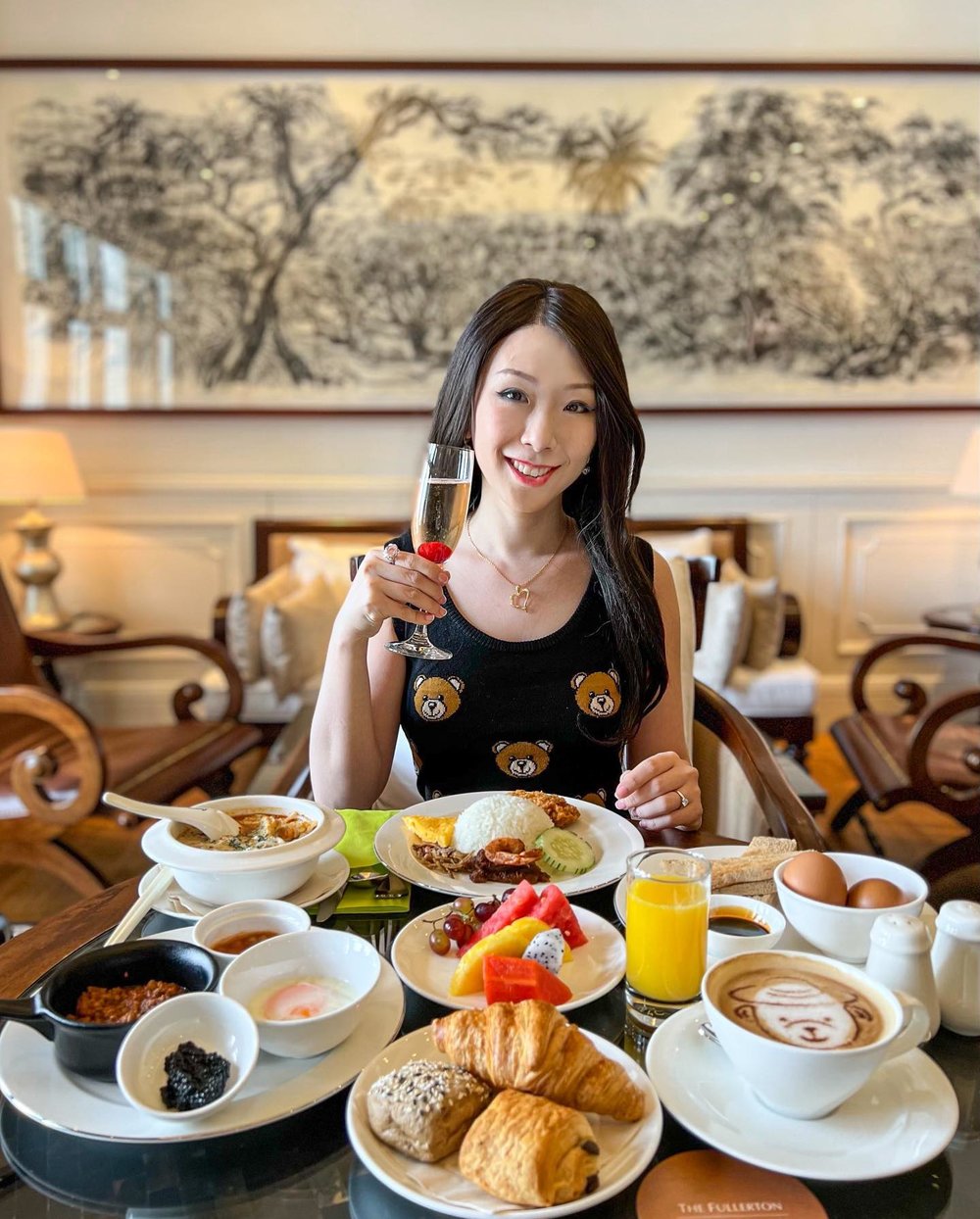 Girl in a breakfast table with wine