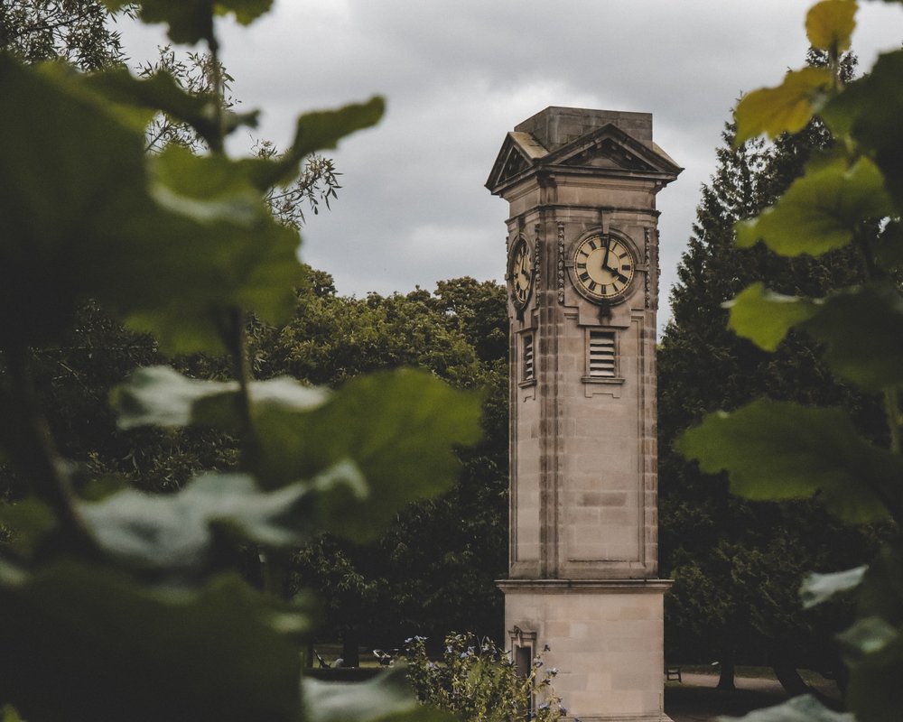Exterior of a clock tower in Royal Leamington Spa