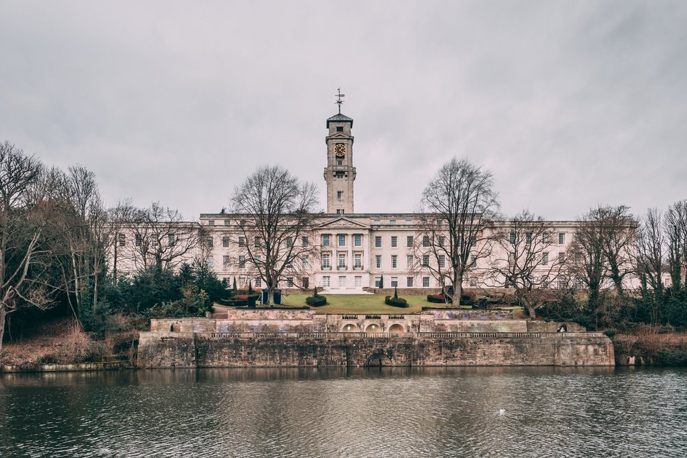 A body of water in front of a building in Nottingham