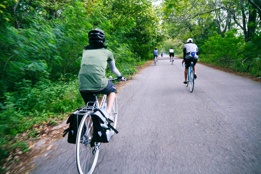 Two people biking on a trail