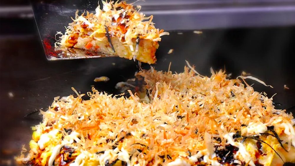 Hear the sizzle of this seafood pancake as it cooks.