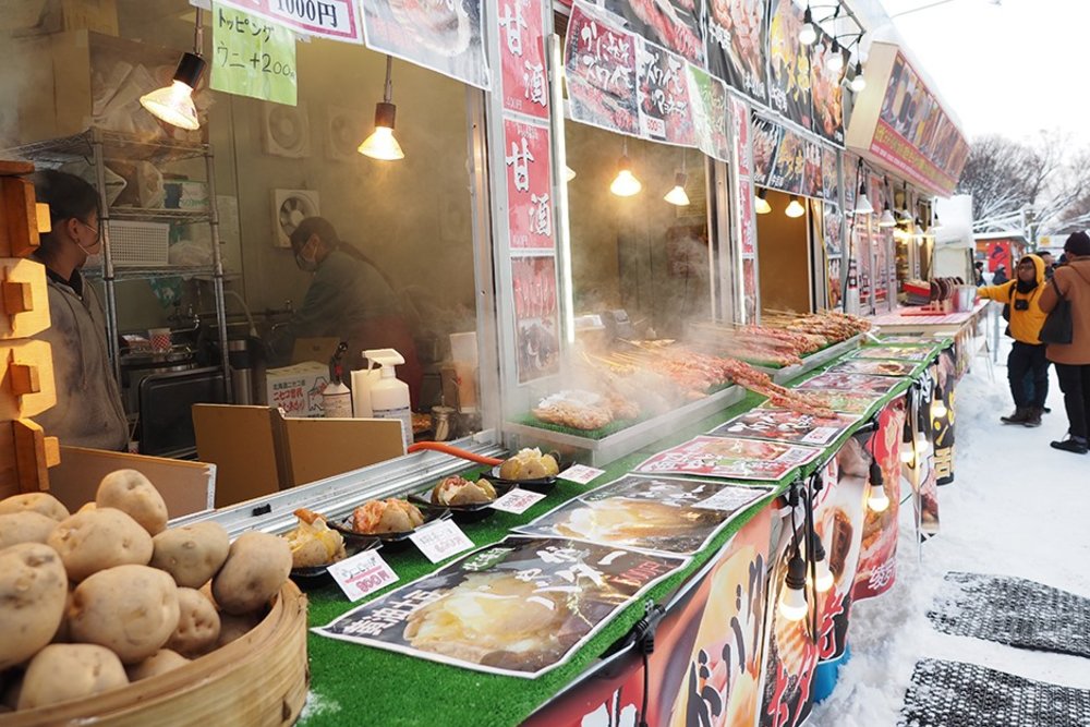 Various food in tables