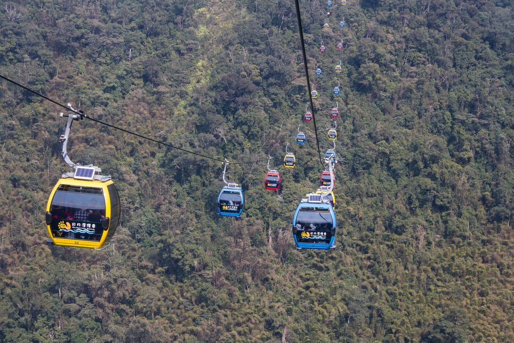 Red, blue, and yellow cable cars
