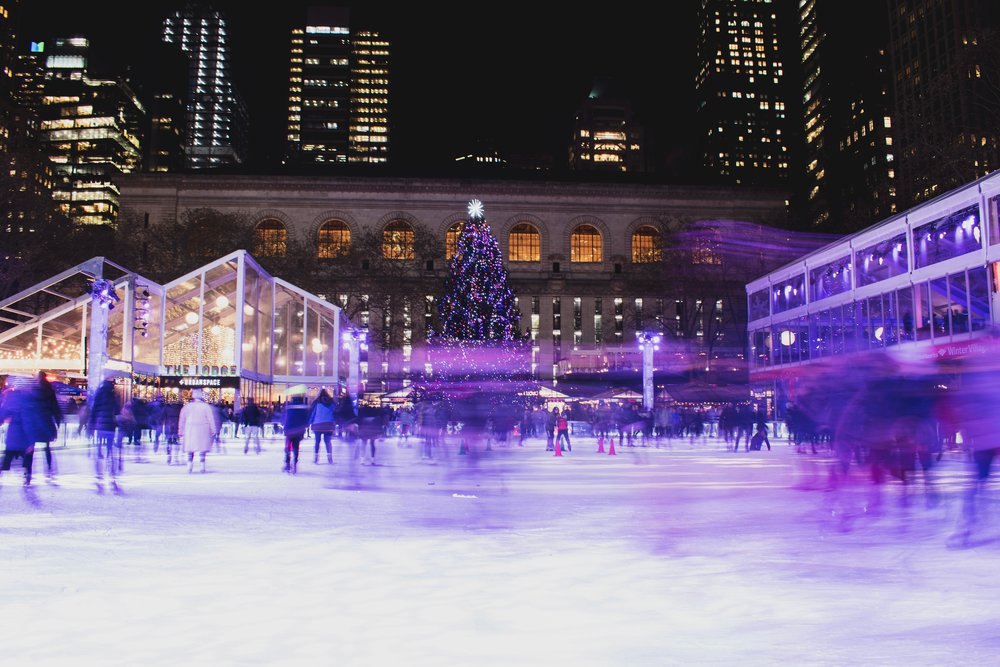Rockefeller Center Christmas tree and ice skating rink in New York