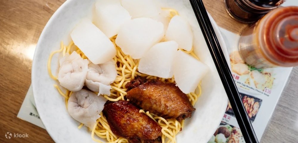 A bowl of noodles with chicken and dumplings