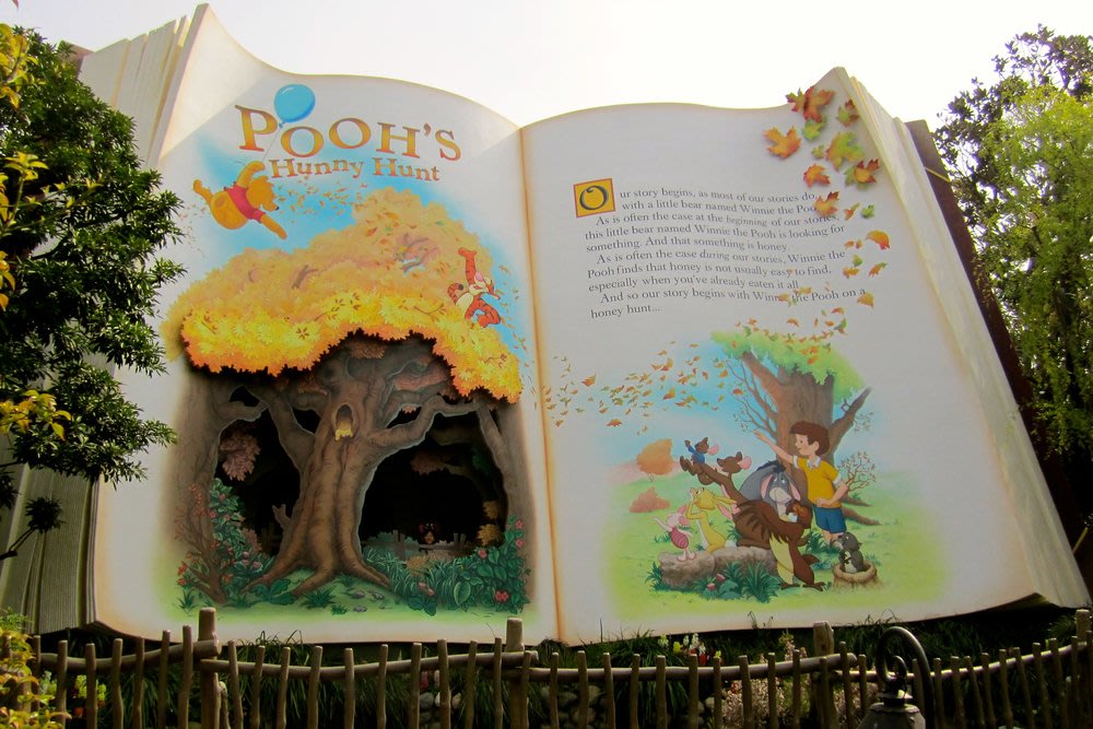 Giant book display at the Hunny Hunt with Pooh Bear attraction