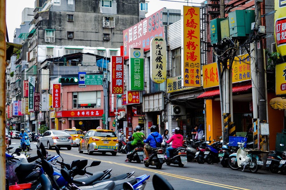 Motorcycles lined up on the streets of Taipei