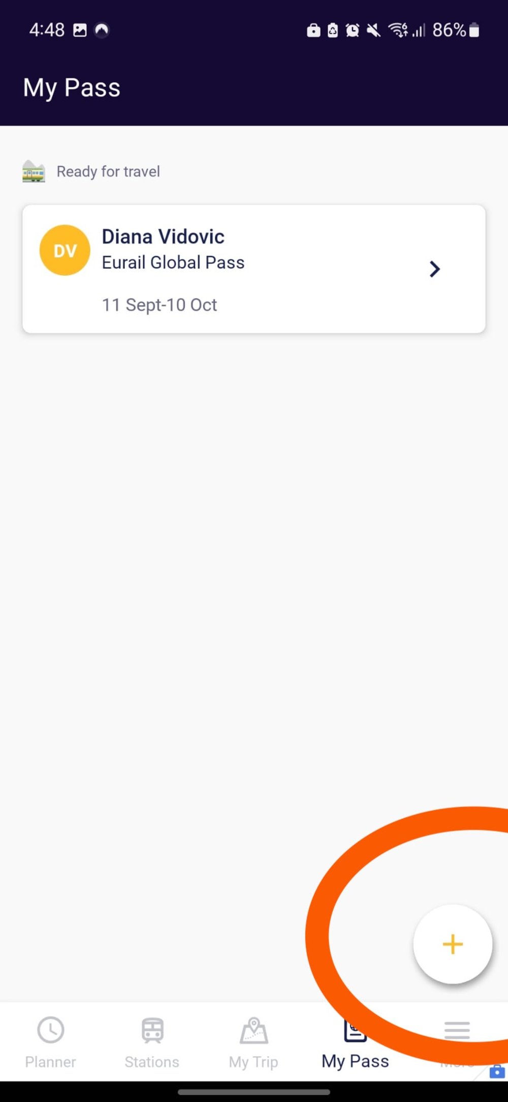 After getting the Rail Planner app, just click on the plus button to add your Pass