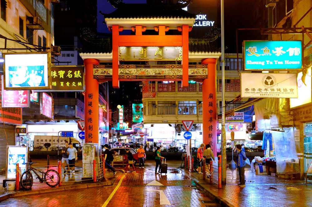 People walking along Temple Street in Hong Kong