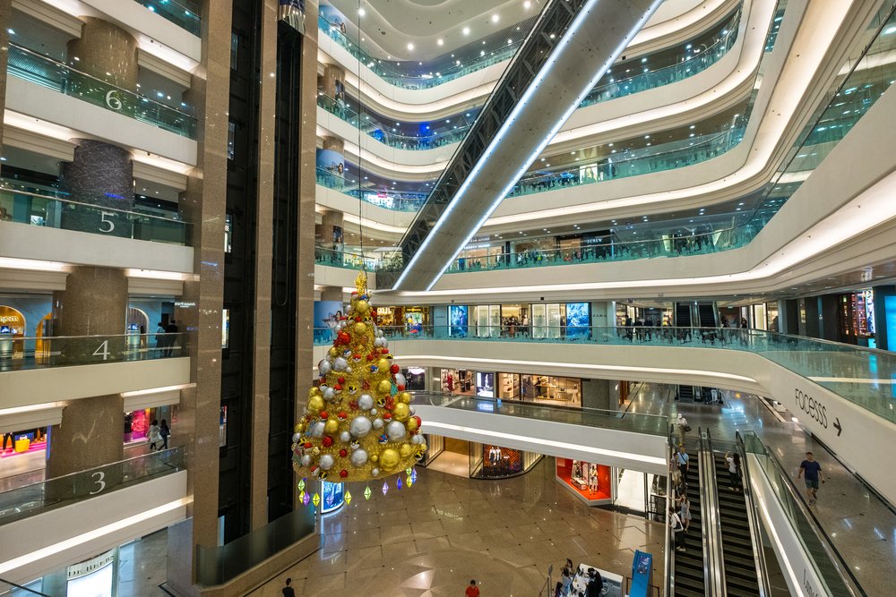 Bright lights inside a mall in Hong Kong