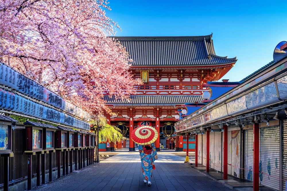 woman in kimono walking down temple road