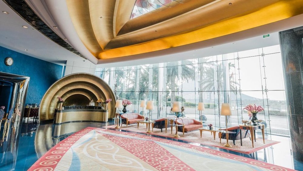 the golden features of the lobby of Burj Al Arab