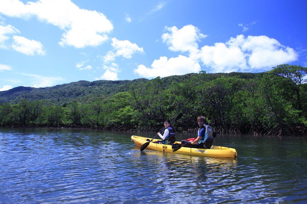 two people kayaking in a river in Japan