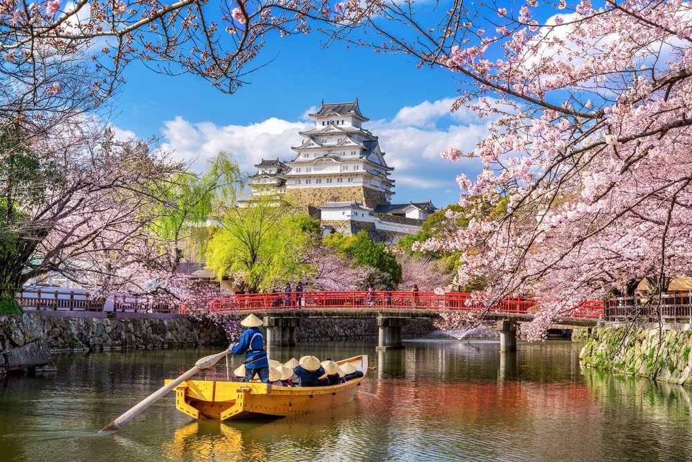 man rowing boat in front of osaka castle