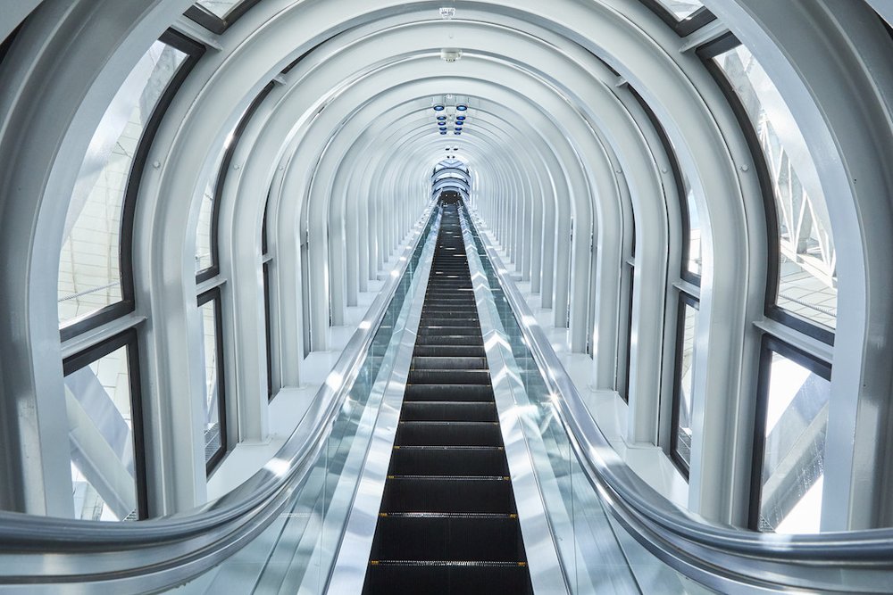 escalator going into umeda sky building